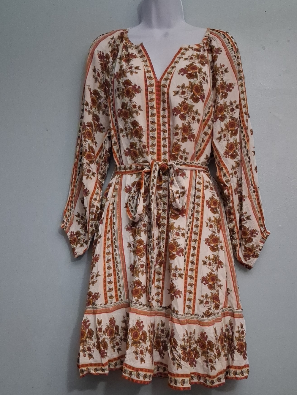 LOFT Size L Petite Women's Cream Dress with Rust Floral Print and Tie Waist